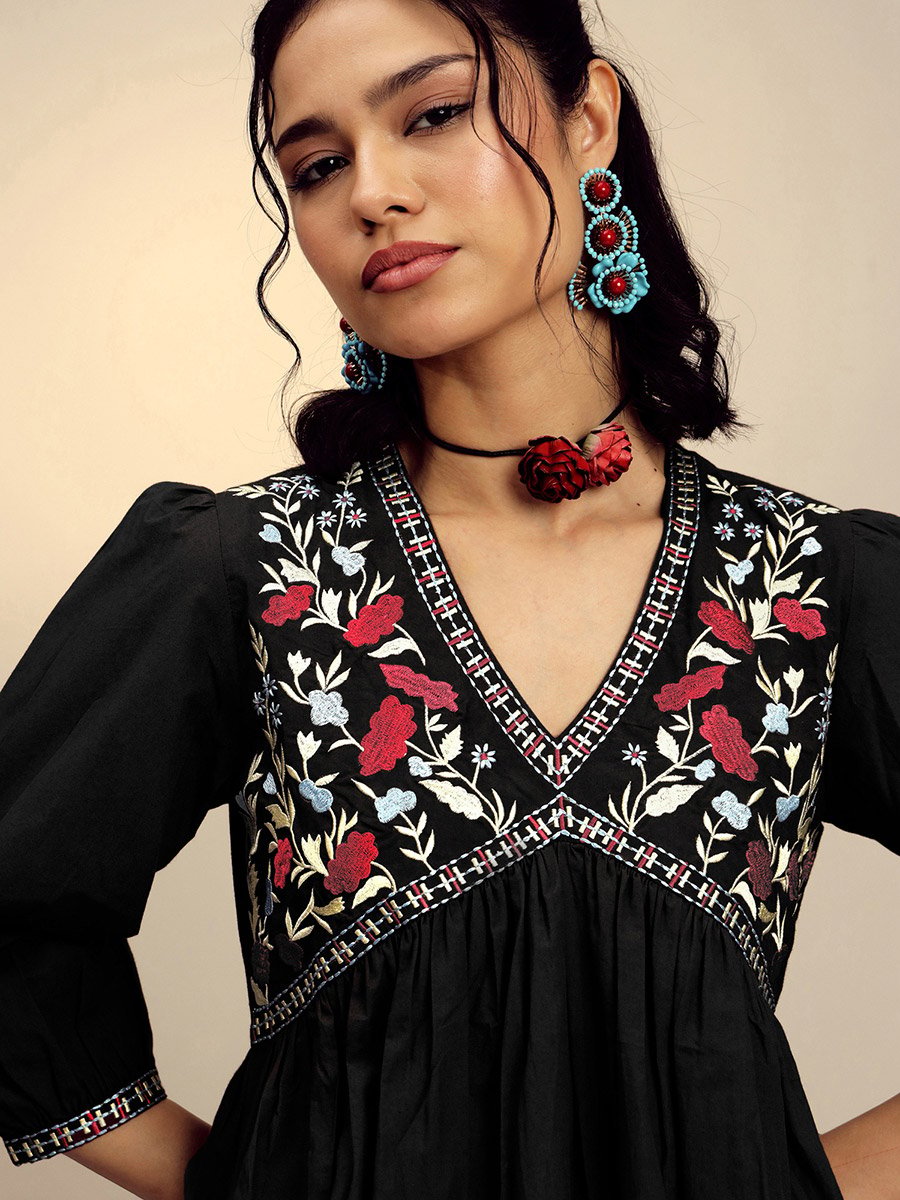 Black Poplin Embroidered Gathered Mini Dress