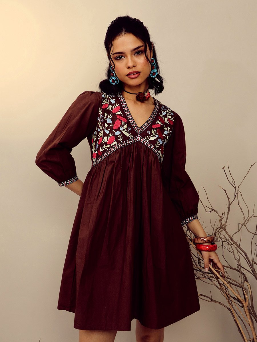 Brown Poplin Embroidered Gathered Mini Dress