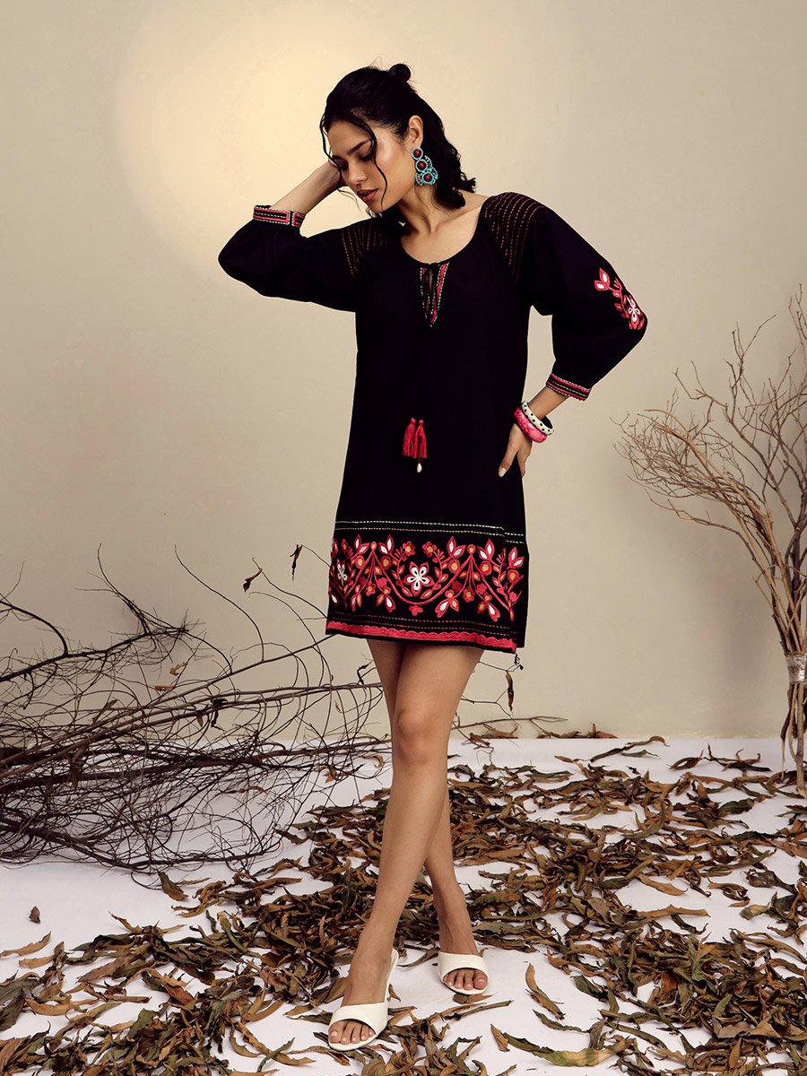 Black Poplin Embroidered Mini Dress