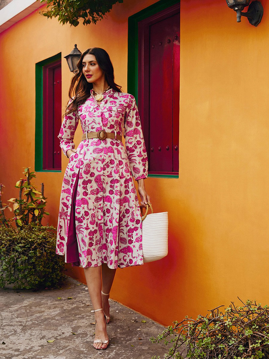 Pink All Over Print Pleated Midi Dress