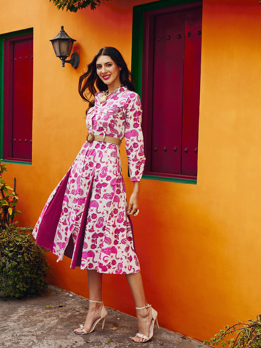 Pink All Over Print Pleated Midi Dress