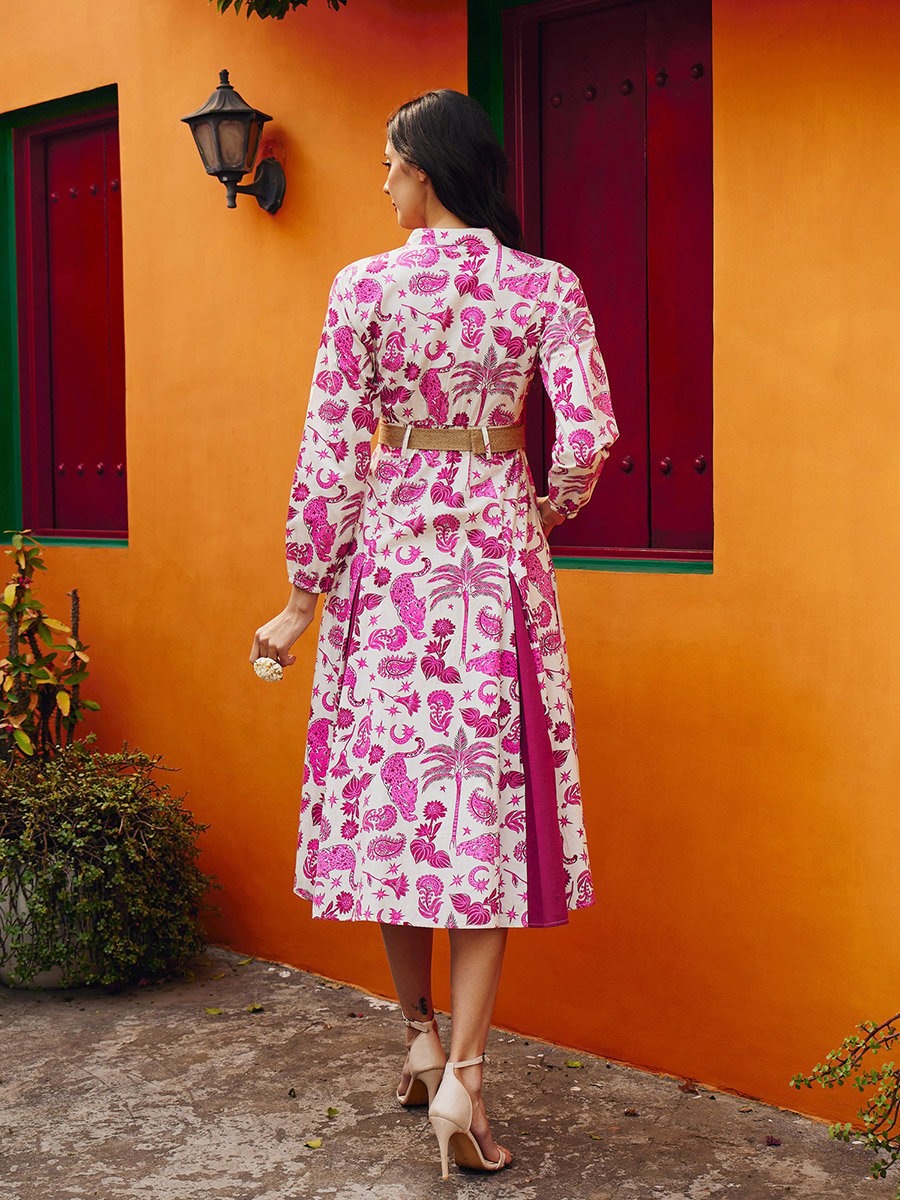 Pink All Over Print Pleated Midi Dress