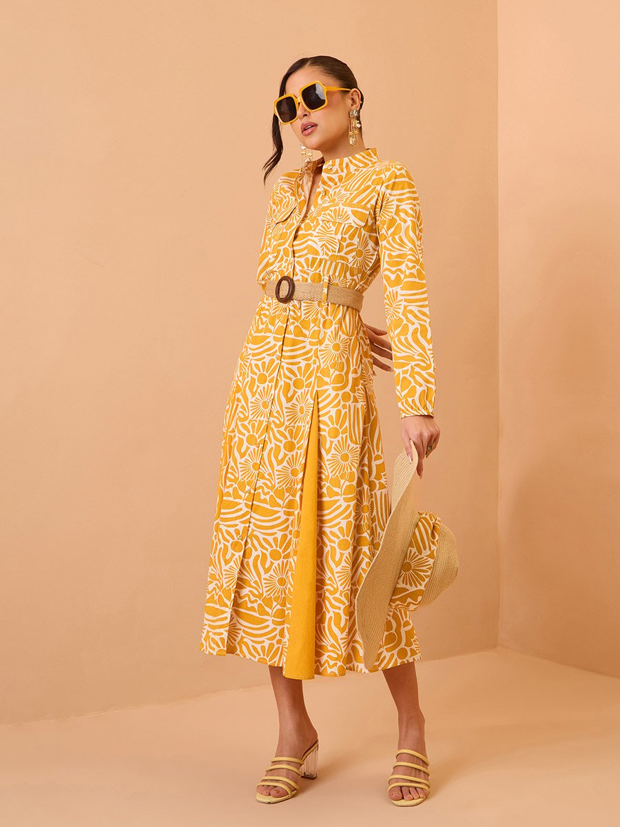 Yellow All Over Print Pleated Midi Dress