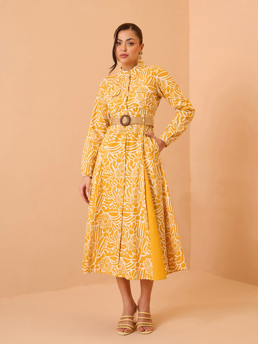Yellow All Over Print Pleated Midi Dress