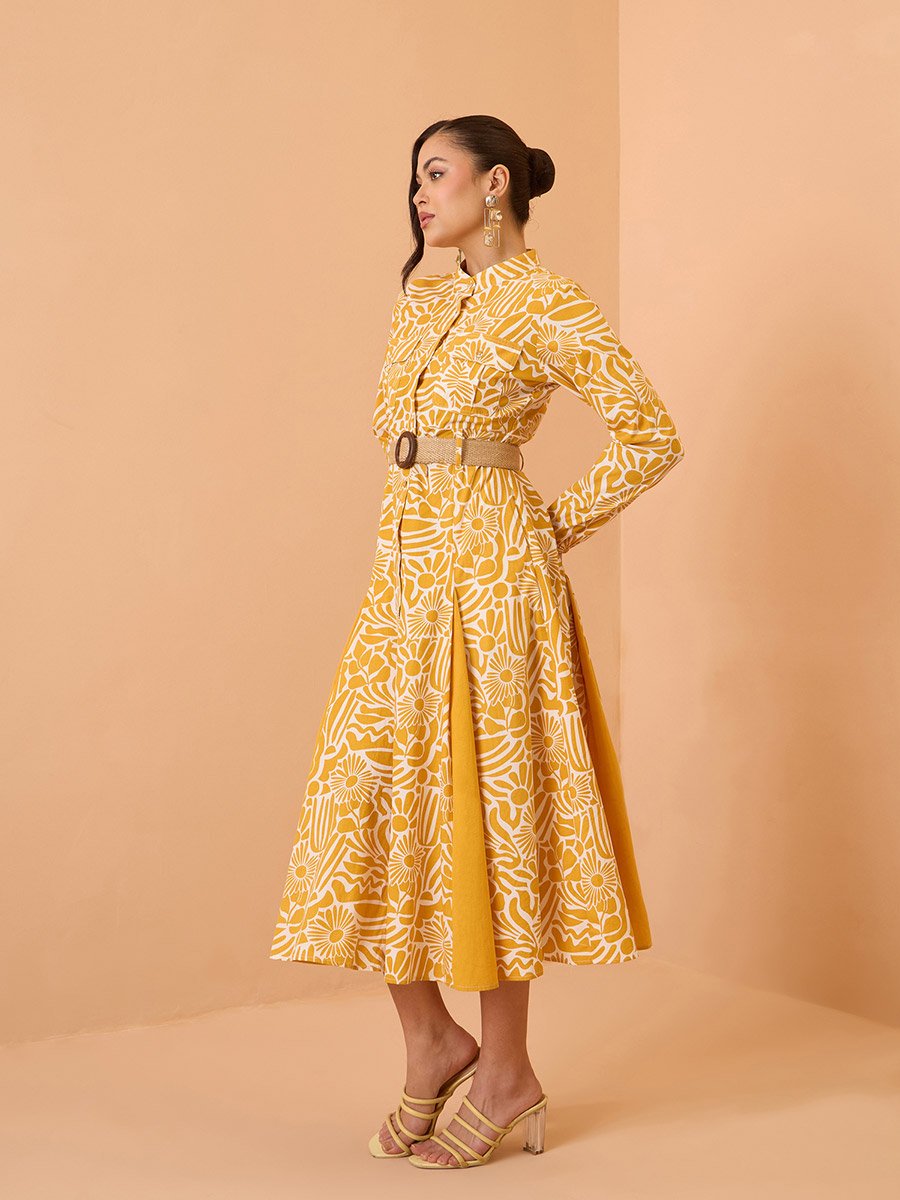 Yellow All Over Print Pleated Midi Dress
