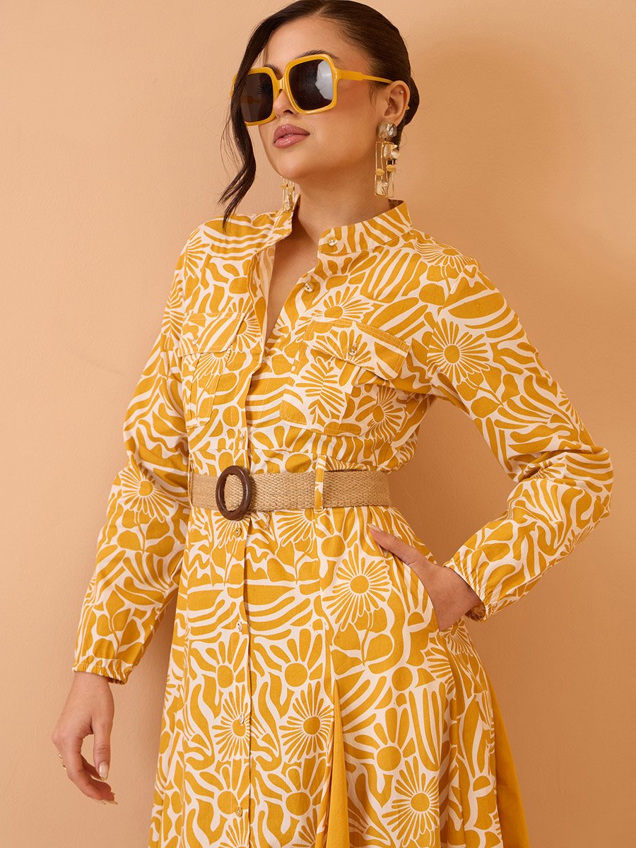 Yellow All Over Print Pleated Midi Dress