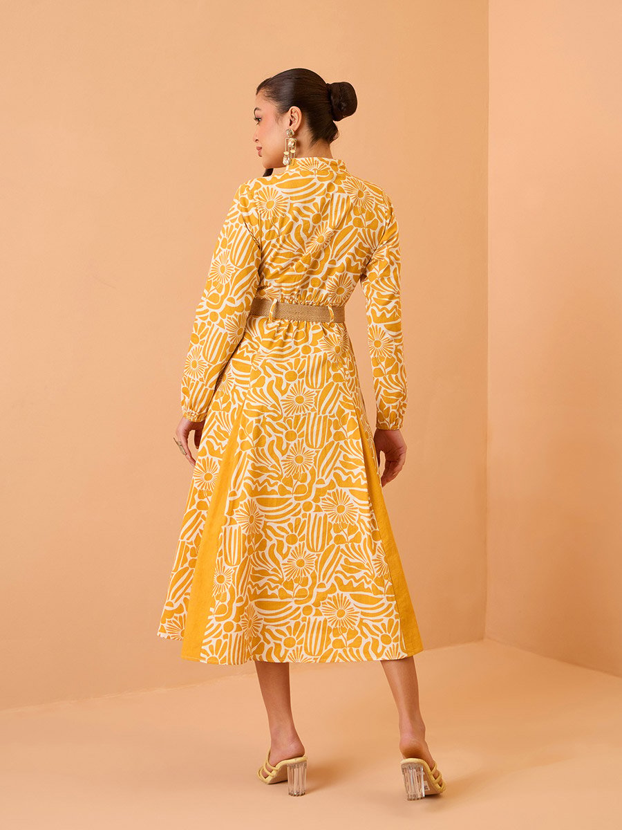 Yellow All Over Print Pleated Midi Dress