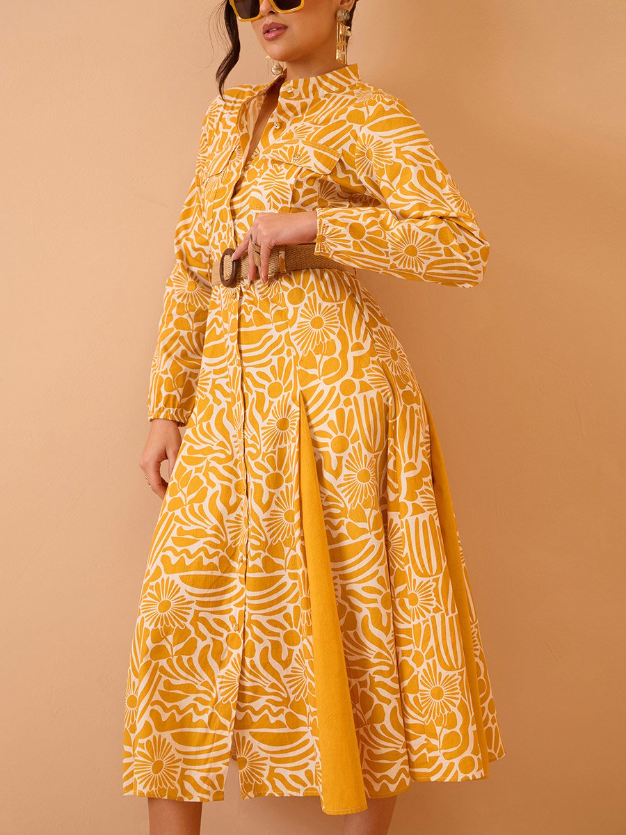 Yellow All Over Print Pleated Midi Dress