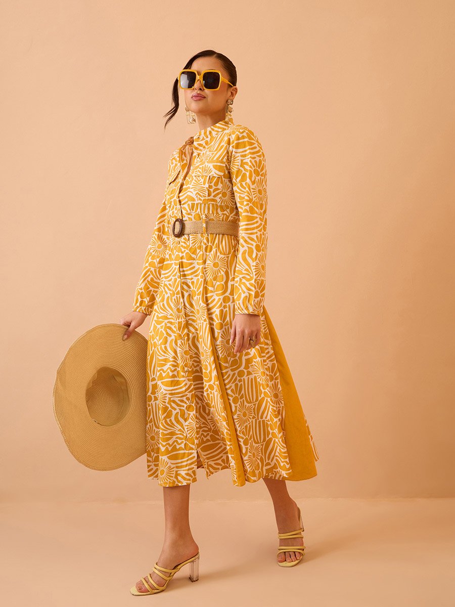 Yellow All Over Print Pleated Midi Dress