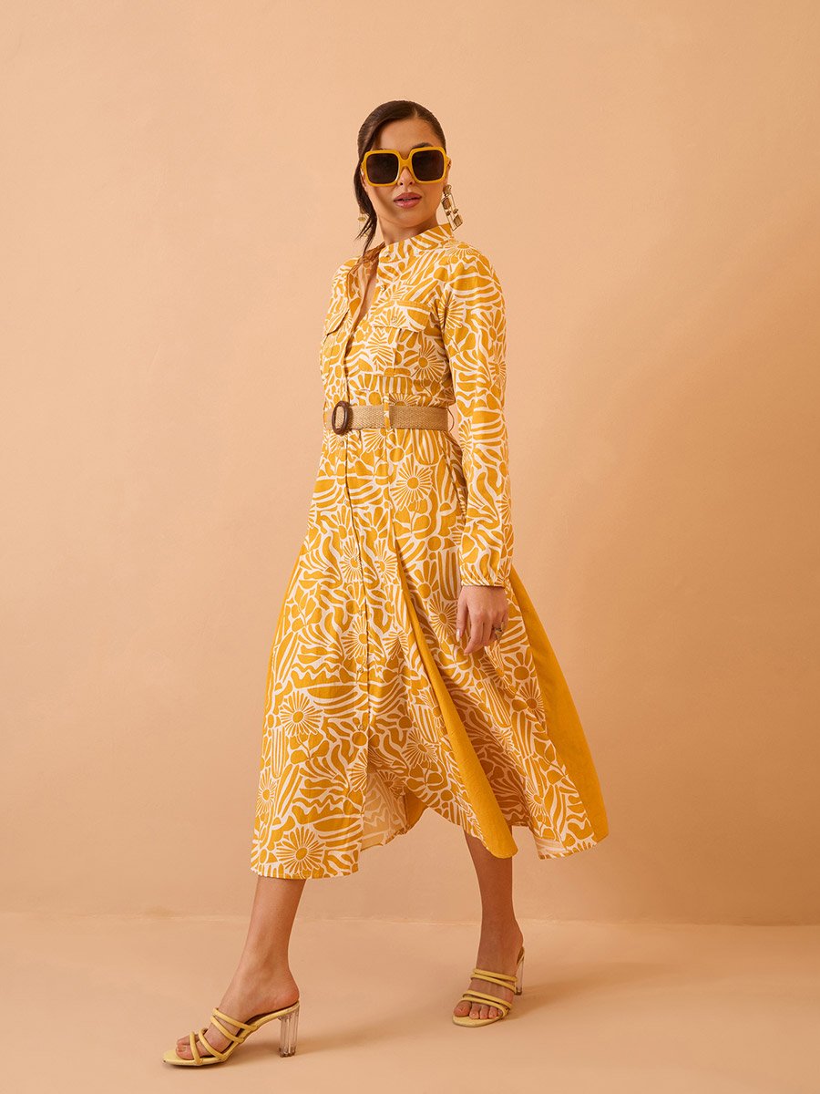 Yellow All Over Print Pleated Midi Dress