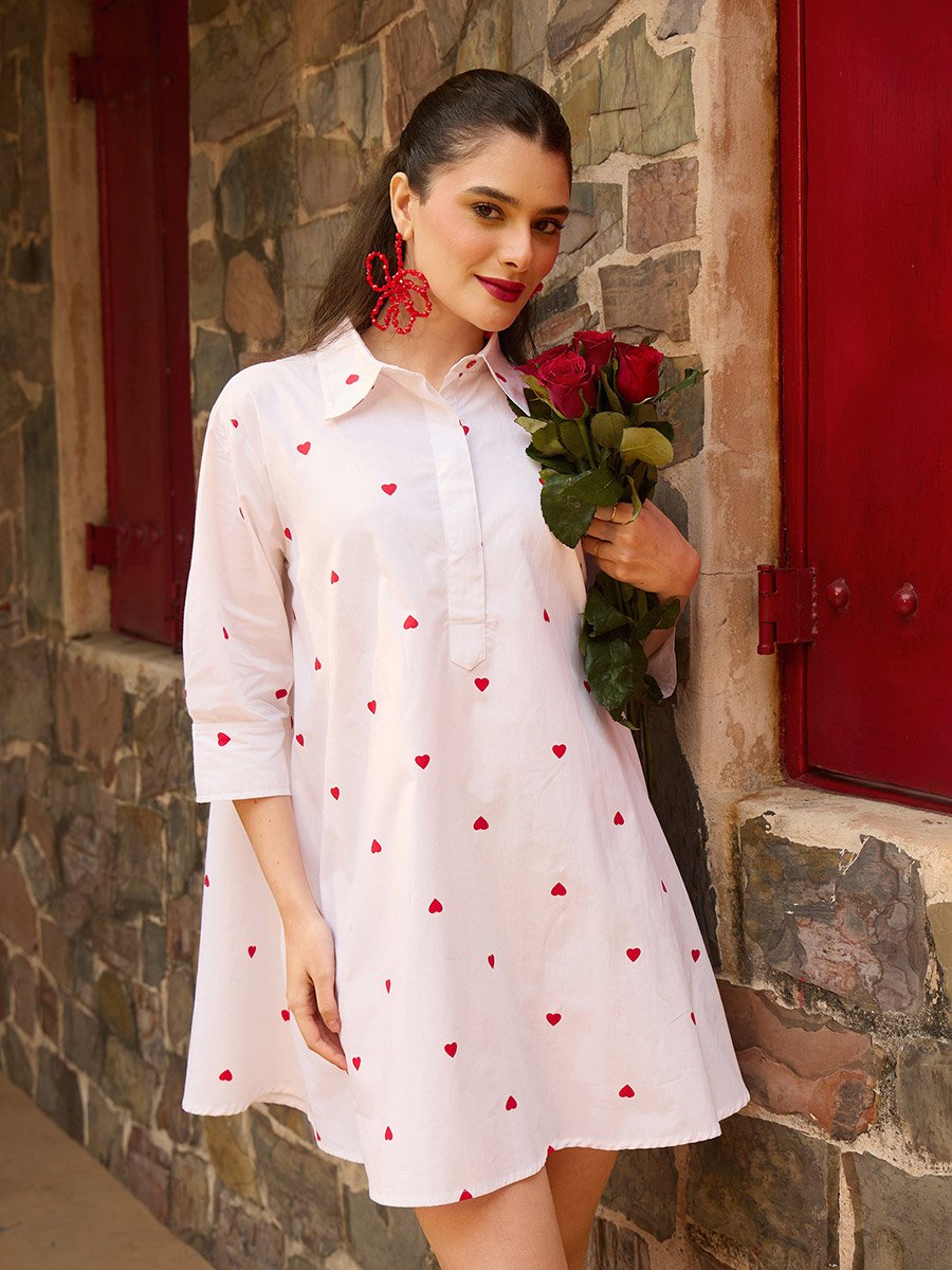 White Heart Print Collar Neck Mini Dress