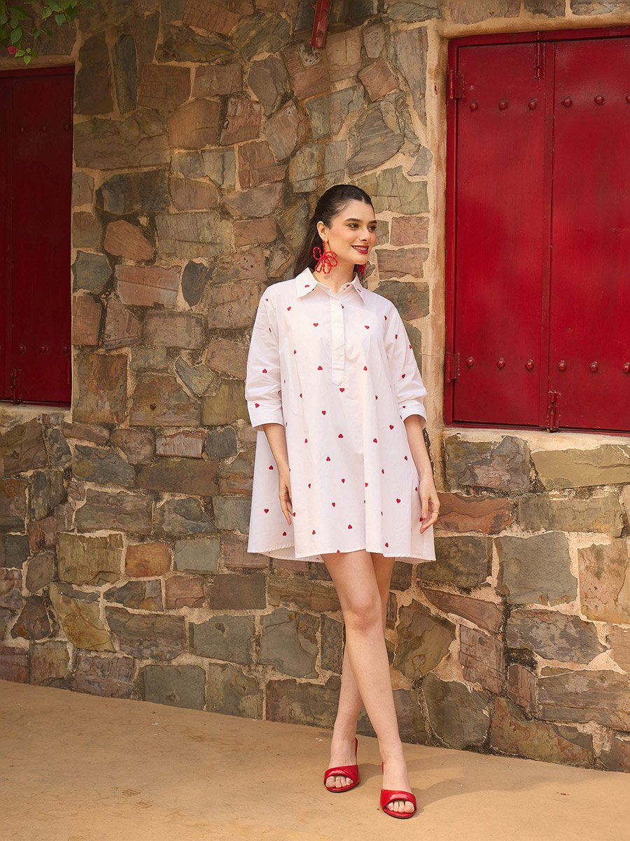 White Heart Print Collar Neck Mini Dress