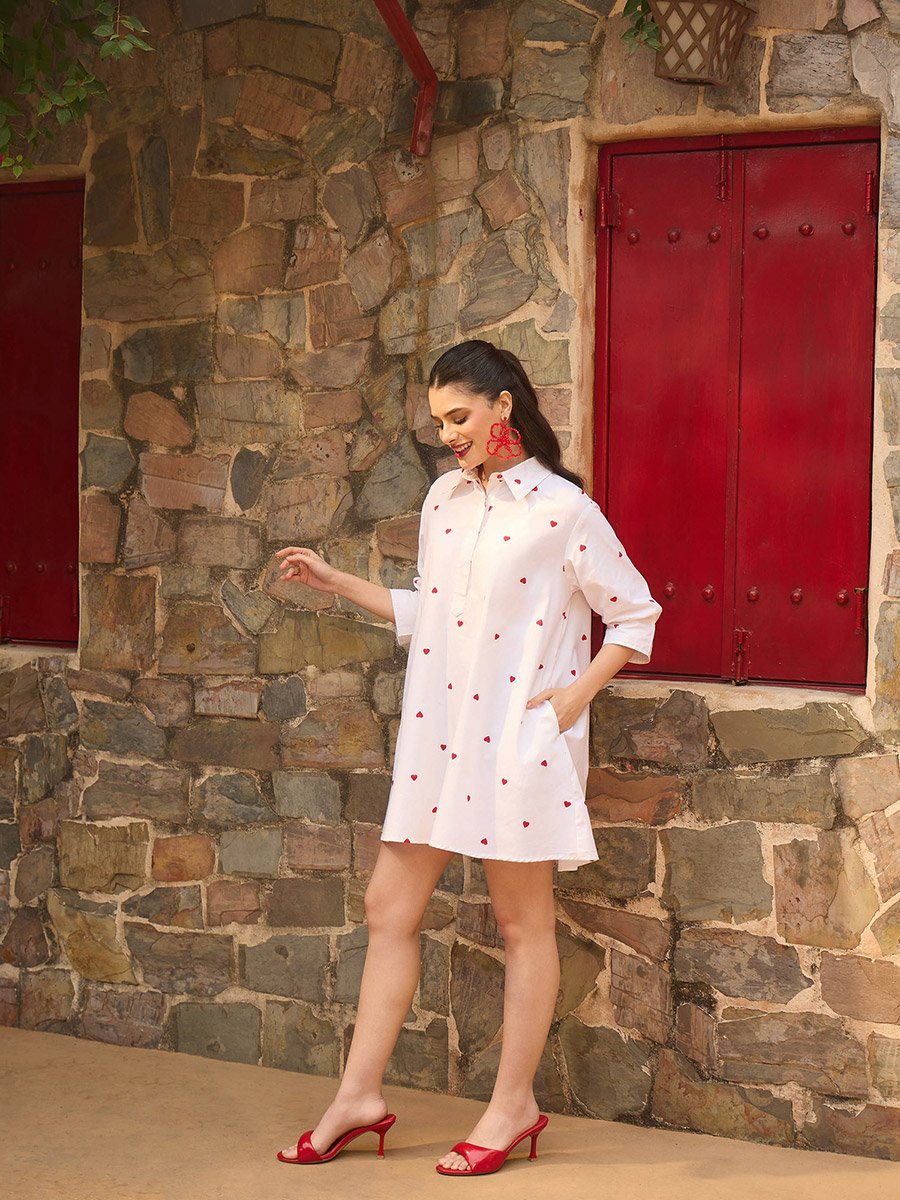 White Heart Print Collar Neck Mini Dress