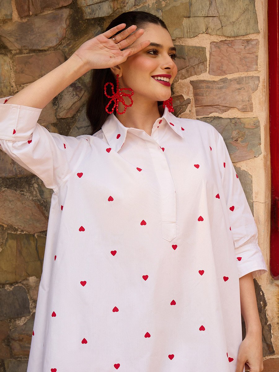 White Heart Print Collar Neck Mini Dress