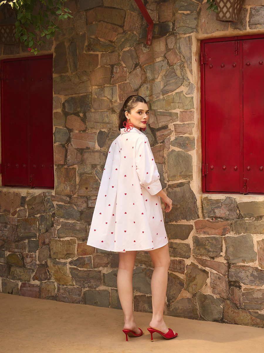 White Heart Print Collar Neck Mini Dress