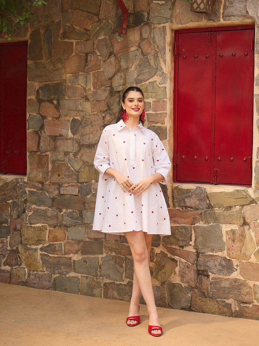 White Heart Print Collar Neck Mini Dress
