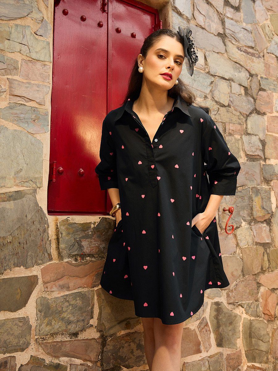 Black Heart Print Collar Neck Mini Dress