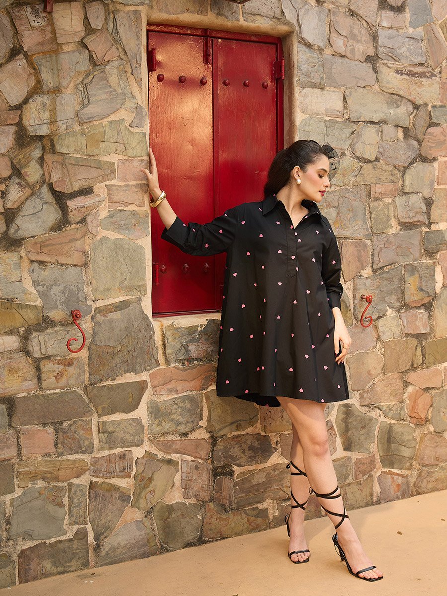 Black Heart Print Collar Neck Mini Dress