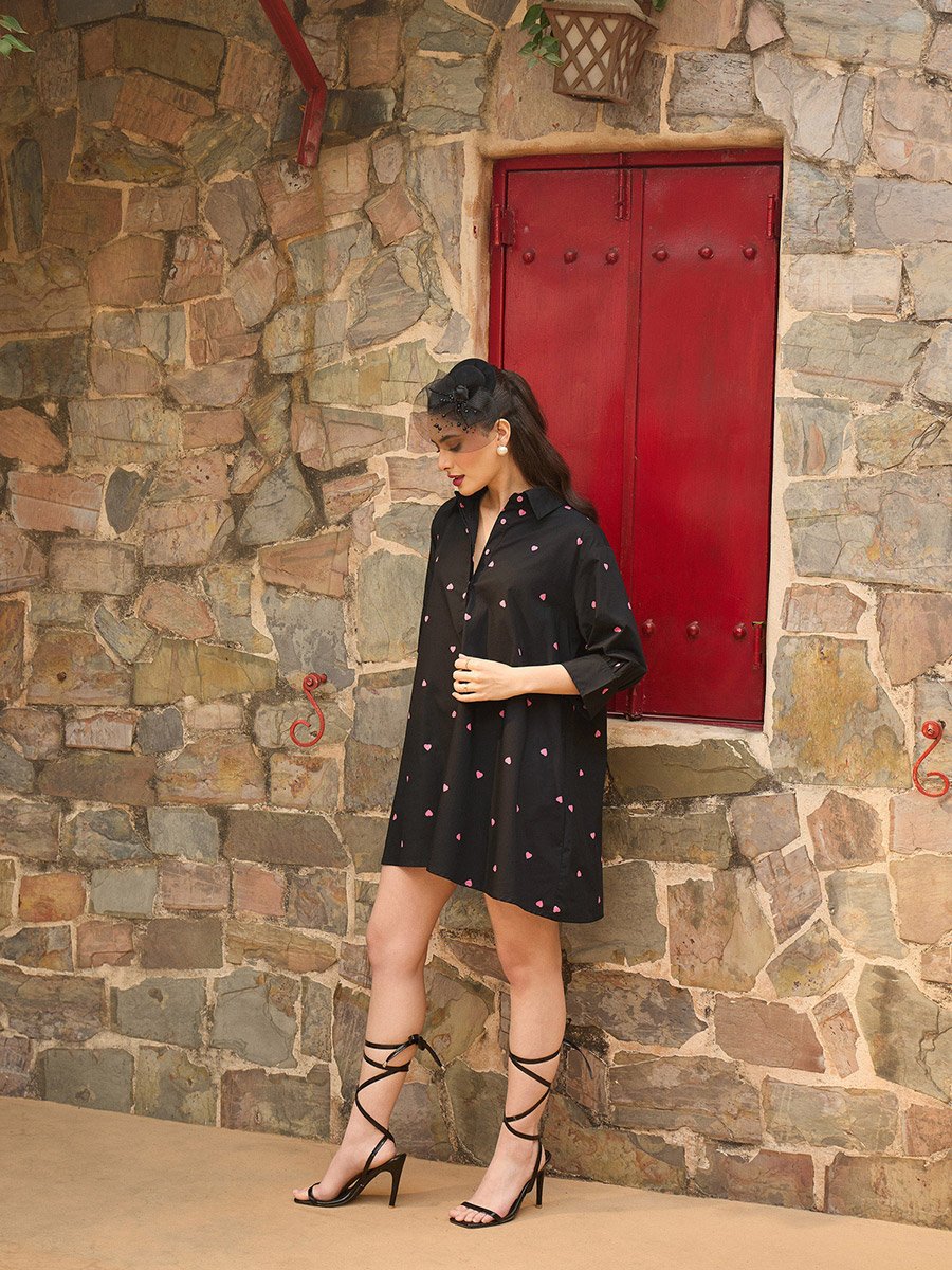 Black Heart Print Collar Neck Mini Dress