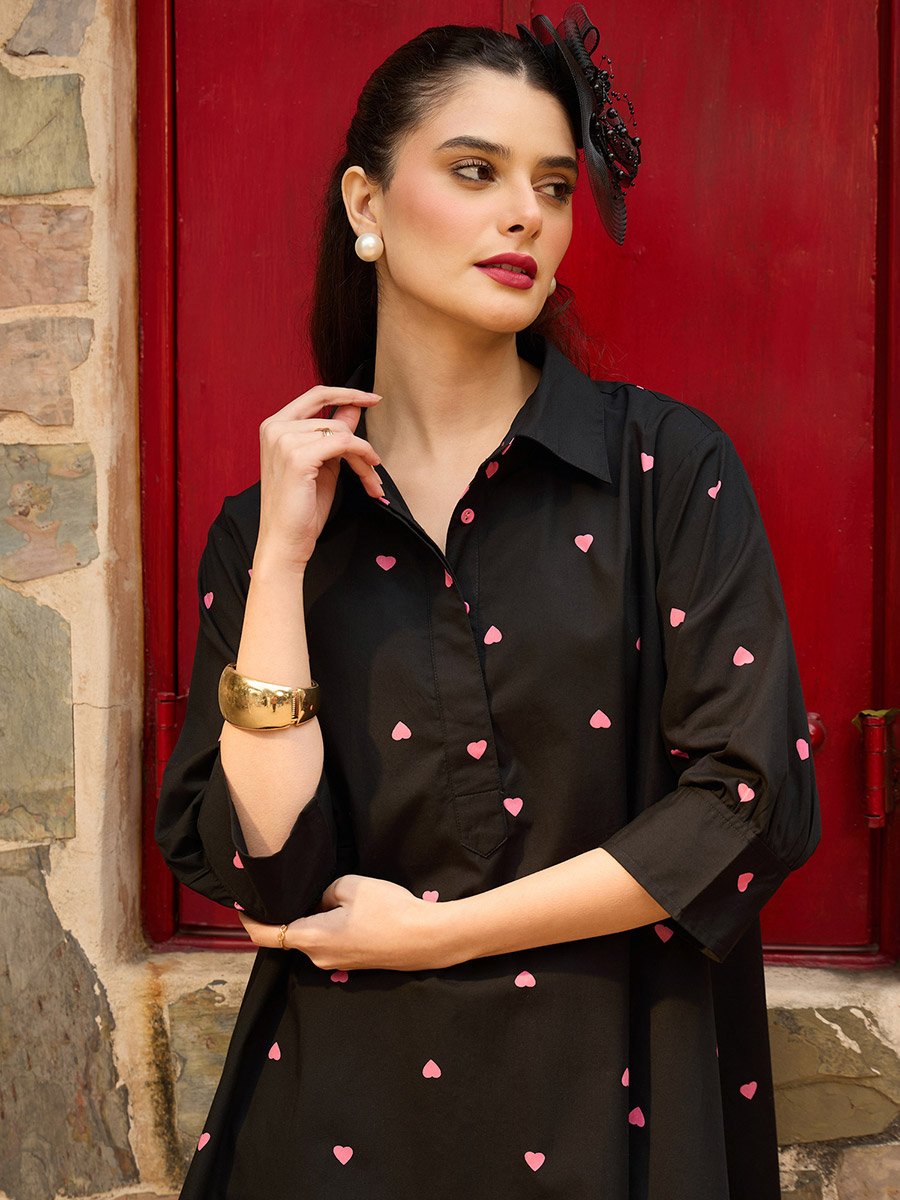 Black Heart Print Collar Neck Mini Dress