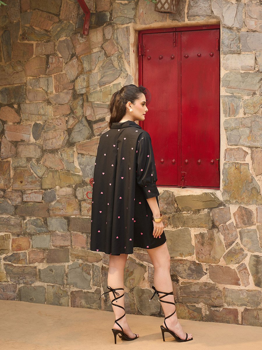 Black Heart Print Collar Neck Mini Dress