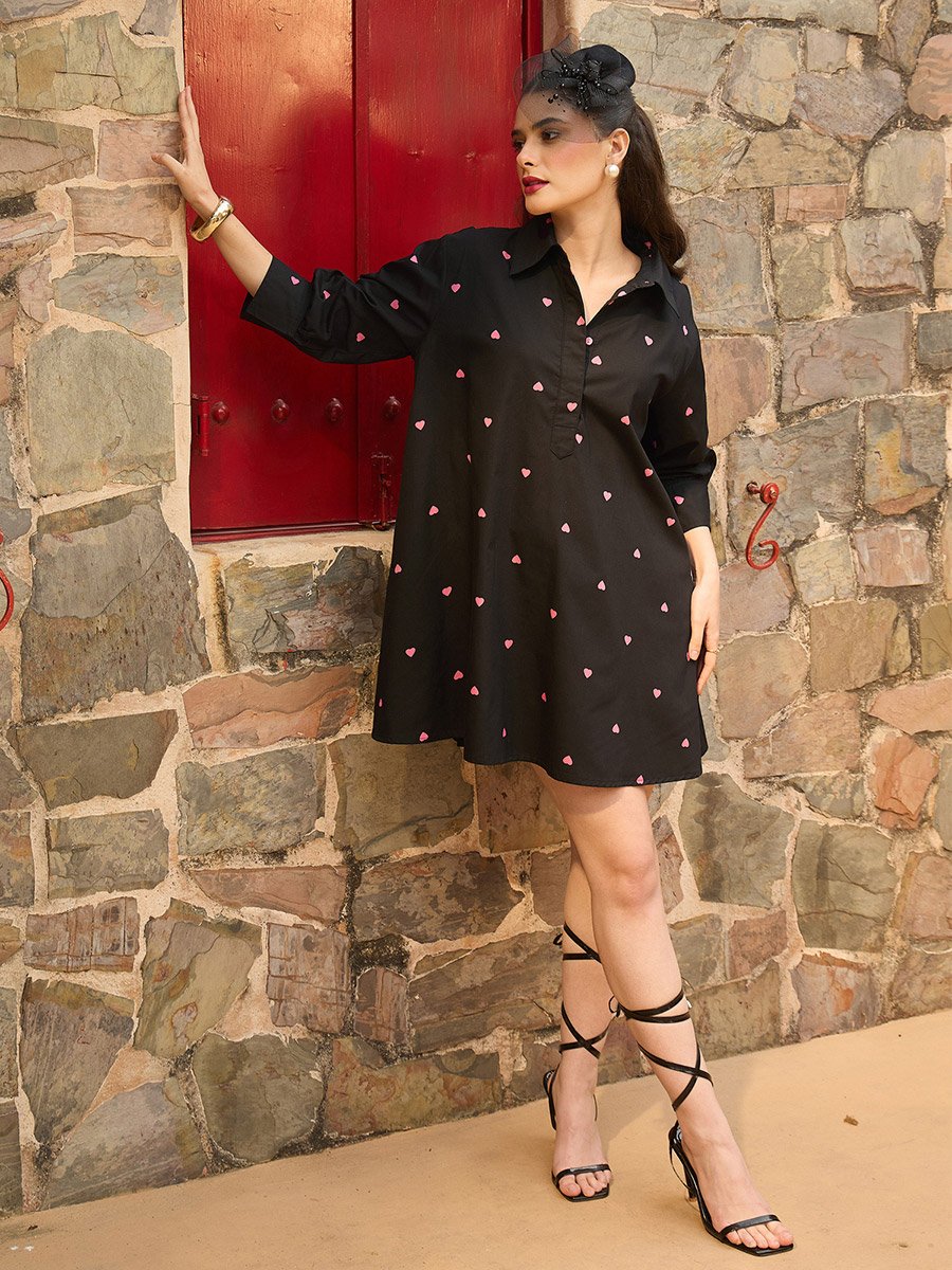 Black Heart Print Collar Neck Mini Dress