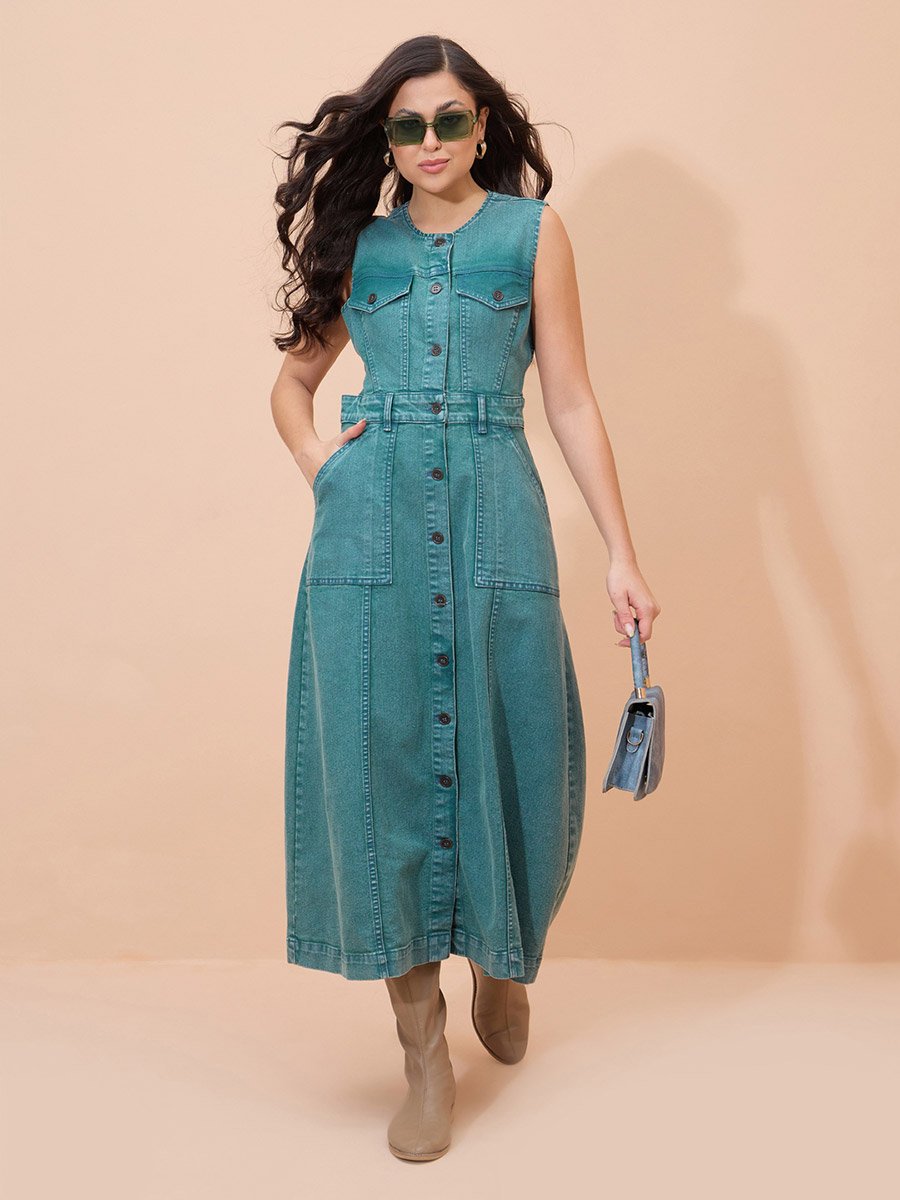 Green Denim Wash Waist Cut-Out Midi Dress