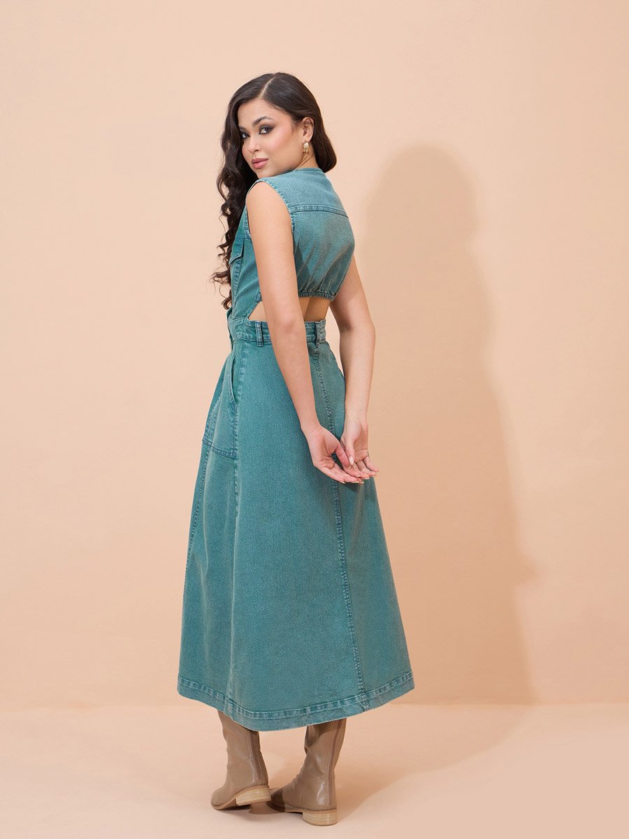 Green Denim Wash Waist Cut-Out Midi Dress