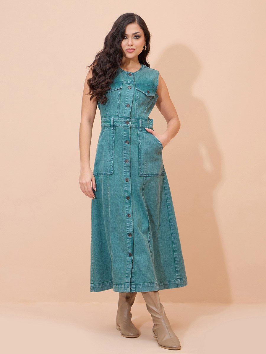 Green Denim Wash Waist Cut-Out Midi Dress