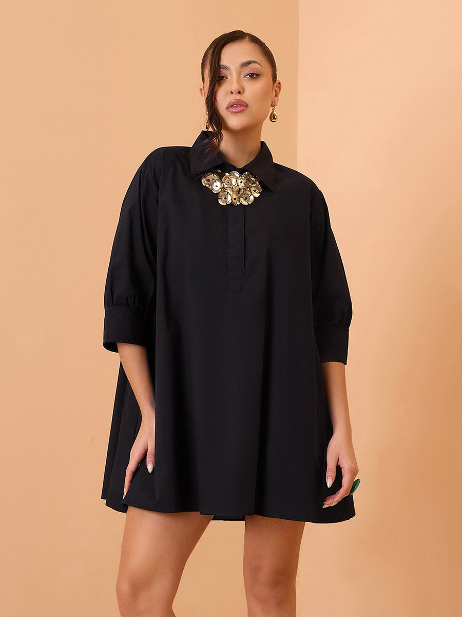 Black Poplin Flared Mini Dress