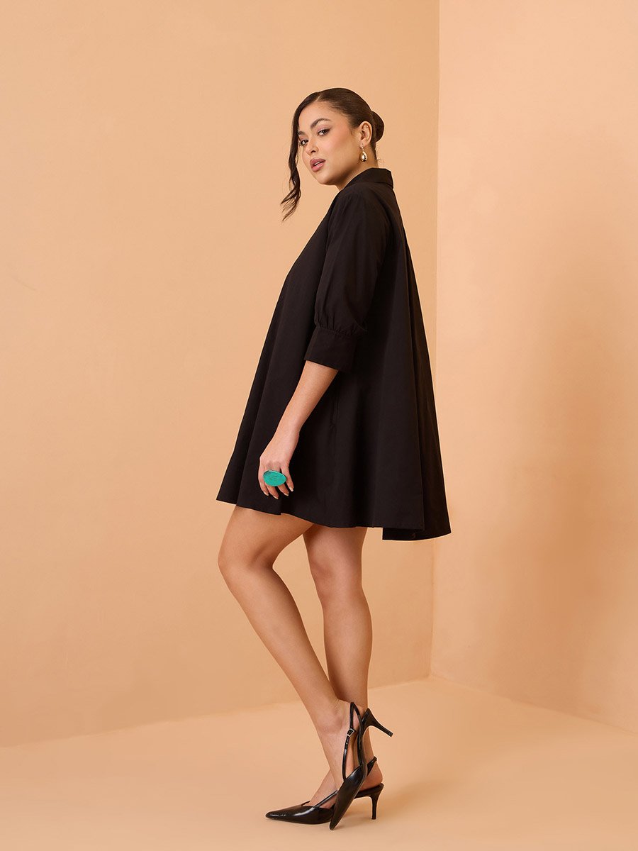 Black Poplin Flared Mini Dress