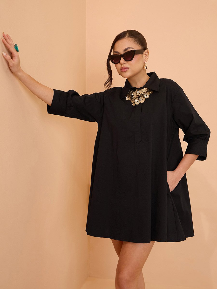 Black Poplin Flared Mini Dress