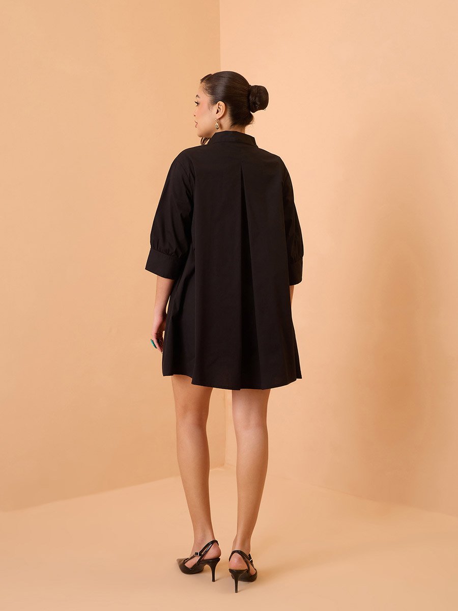 Black Poplin Flared Mini Dress