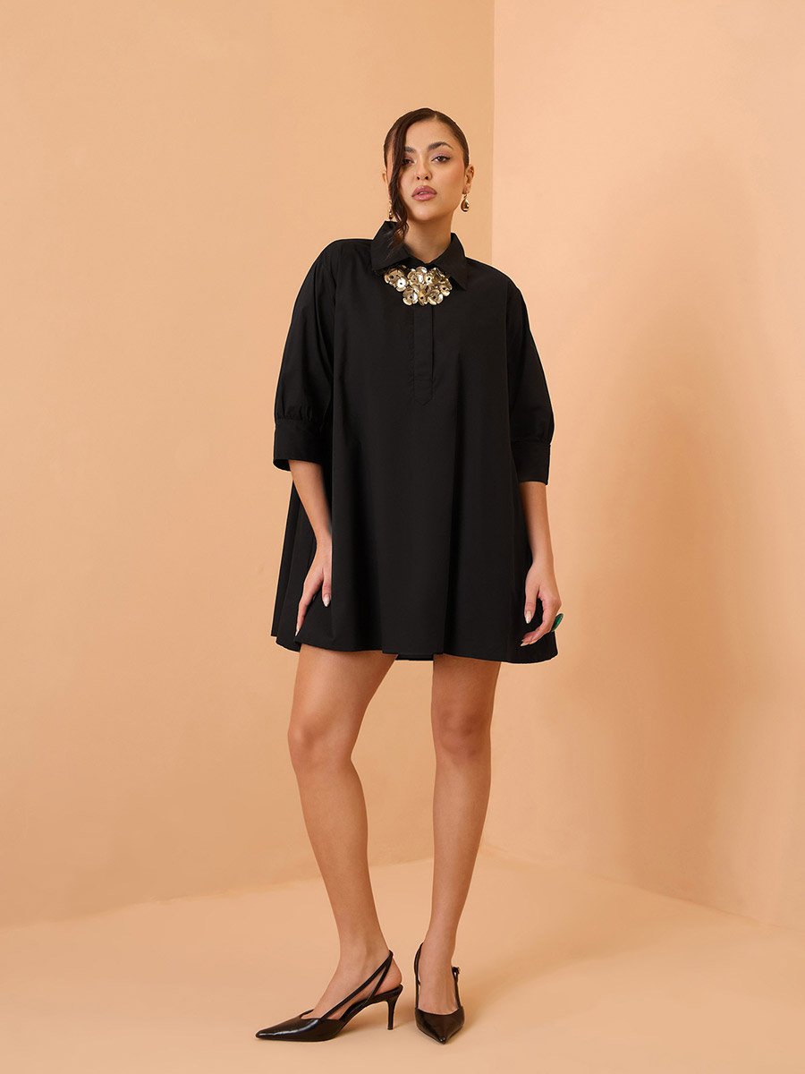 Black Poplin Flared Mini Dress