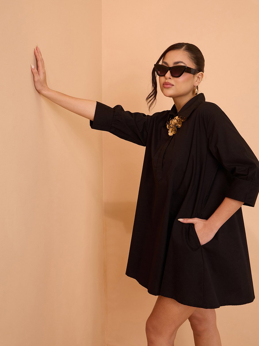 Black Poplin Flared Mini Dress