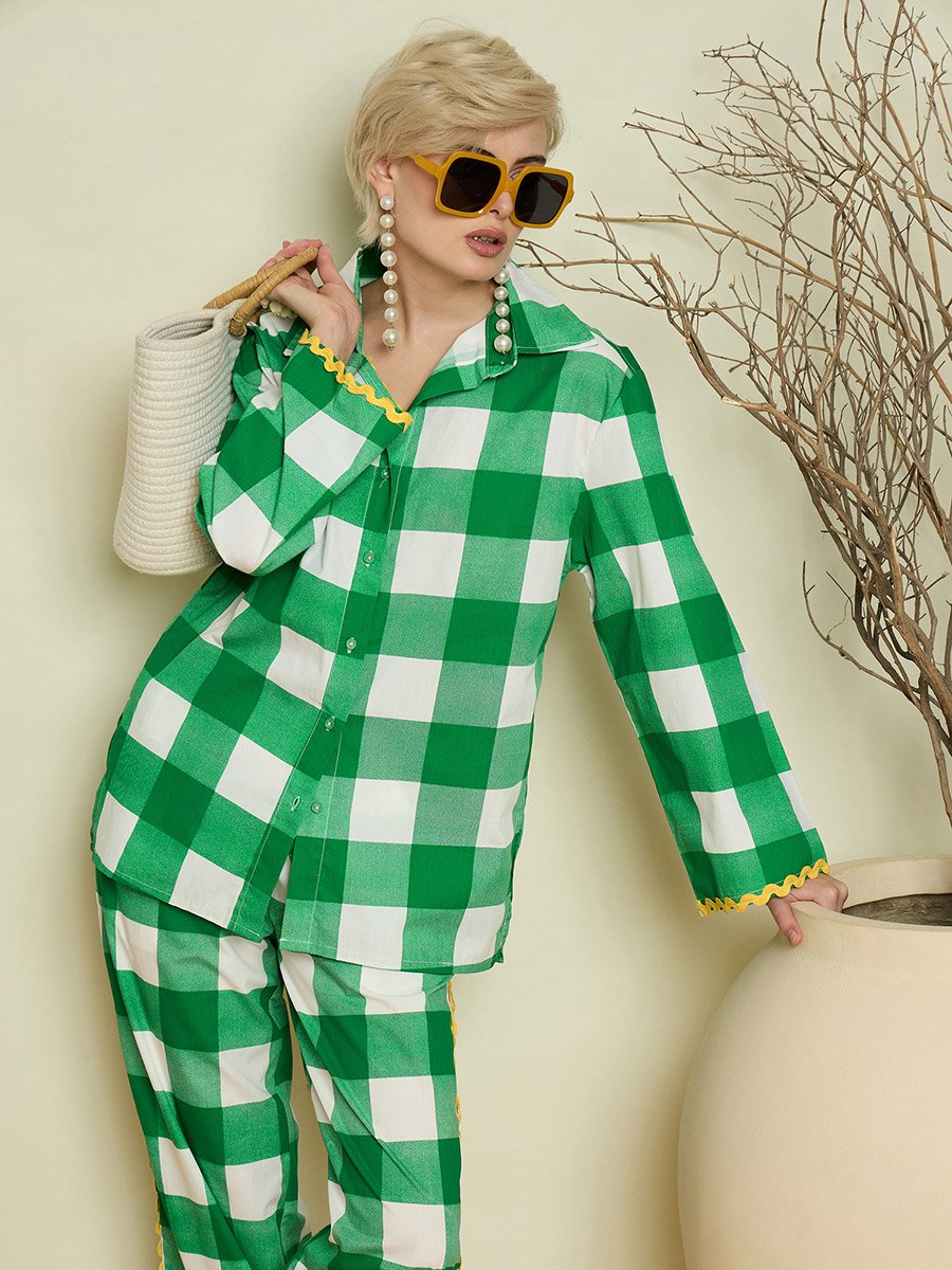Green Checked Ric-Rac Shirt and Straight Pants Co-Ords