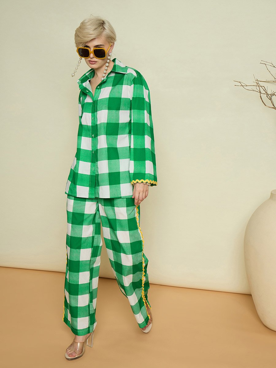 Green Checked Ric-Rac Shirt and Straight Pants Co-Ords