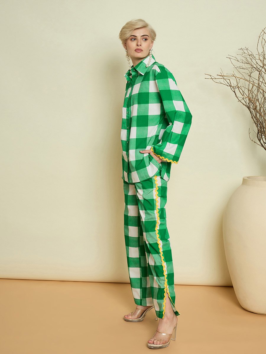 Green Checked Ric-Rac Shirt and Straight Pants Co-Ords