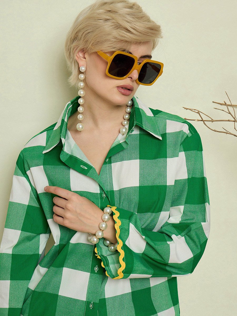Green Checked Ric-Rac Shirt and Straight Pants Co-Ords