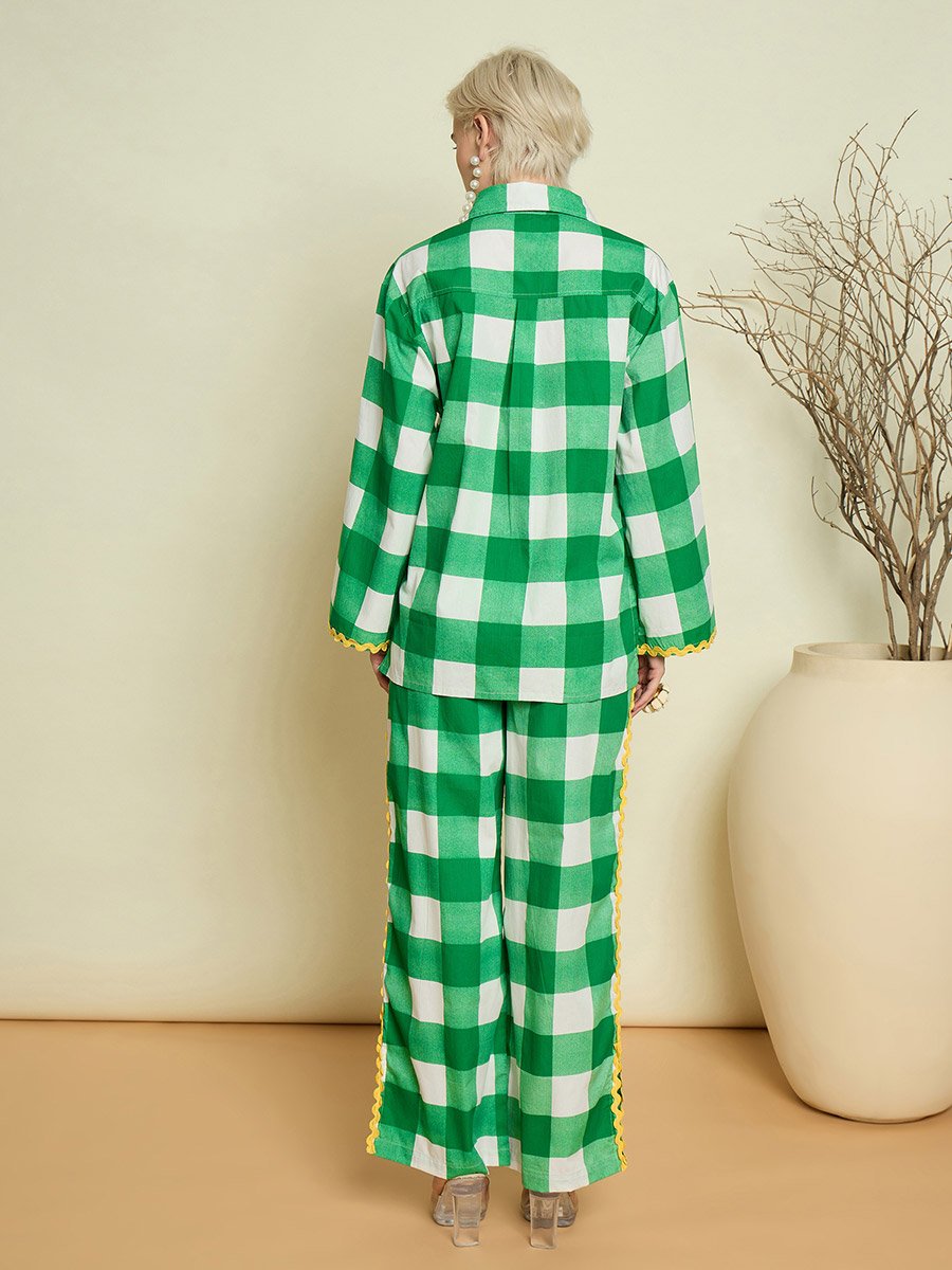 Green Checked Ric-Rac Shirt and Straight Pants Co-Ords