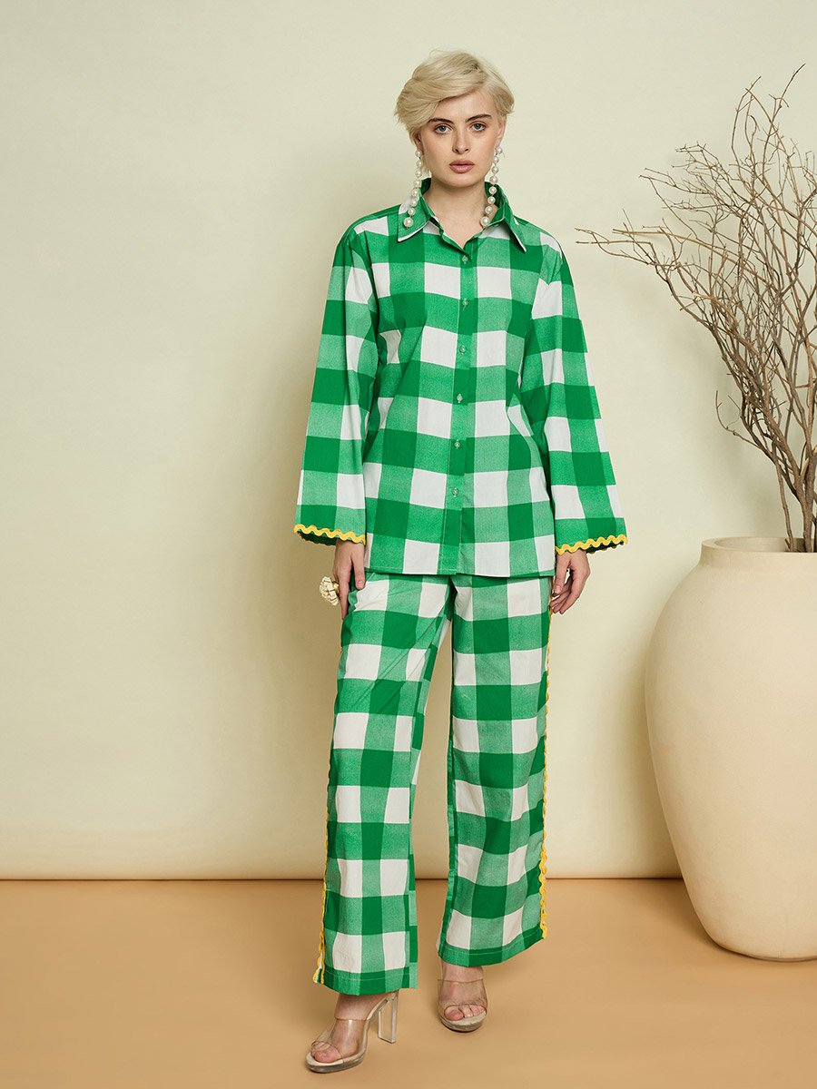 Green Checked Ric-Rac Shirt and Straight Pants Co-Ords