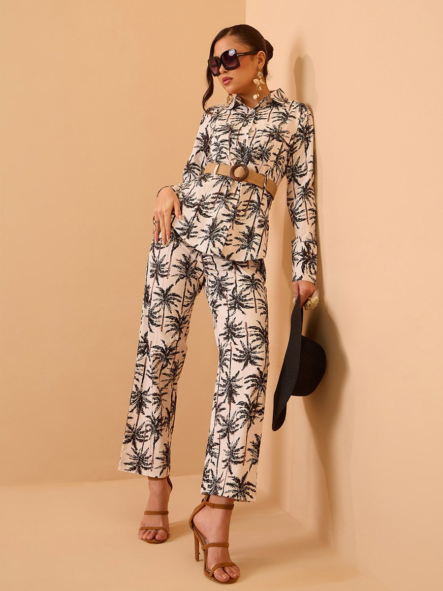 Black Cotton Tropical Belted Shirt and Straight Pants Co-Ords