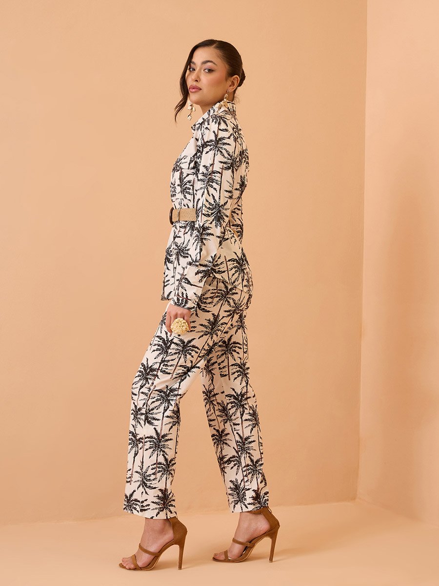 Black Cotton Tropical Belted Shirt and Straight Pants Co-Ords