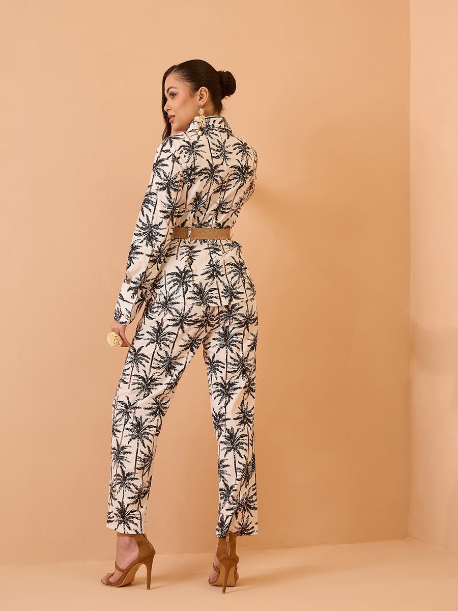Black Cotton Tropical Belted Shirt and Straight Pants Co-Ords