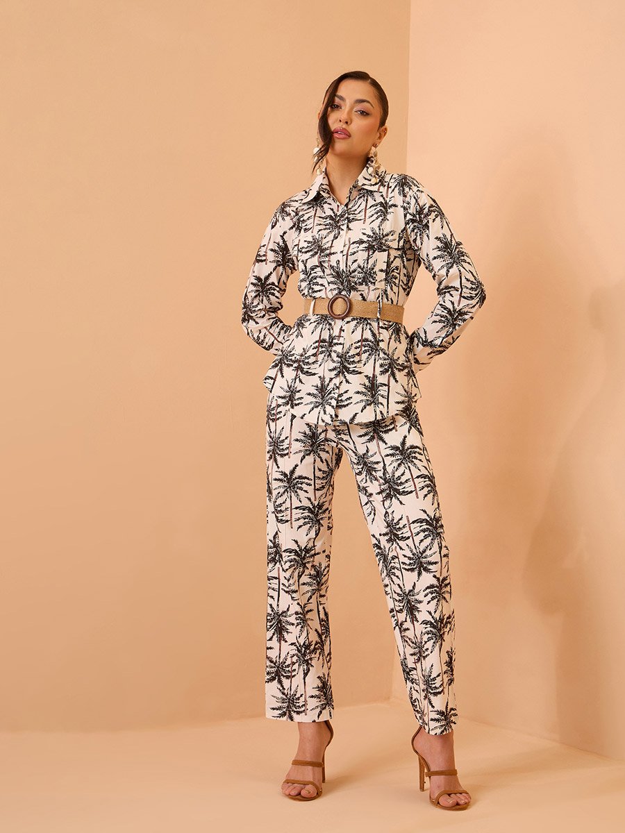 Black Cotton Tropical Belted Shirt and Straight Pants Co-Ords