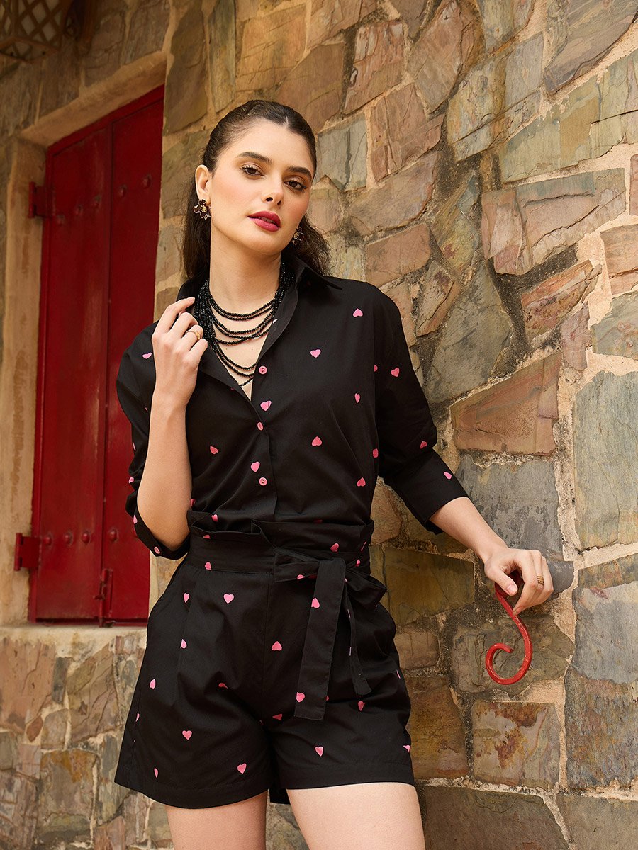 Black Heart Print Shirt and Paperbag Shorts Co-Ords