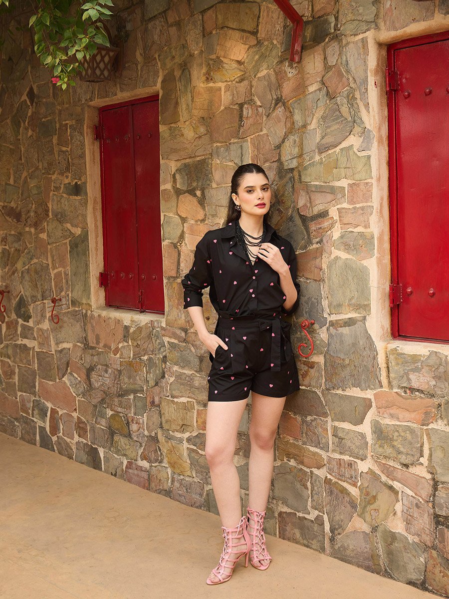 Black Heart Print Shirt and Paperbag Shorts Co-Ords