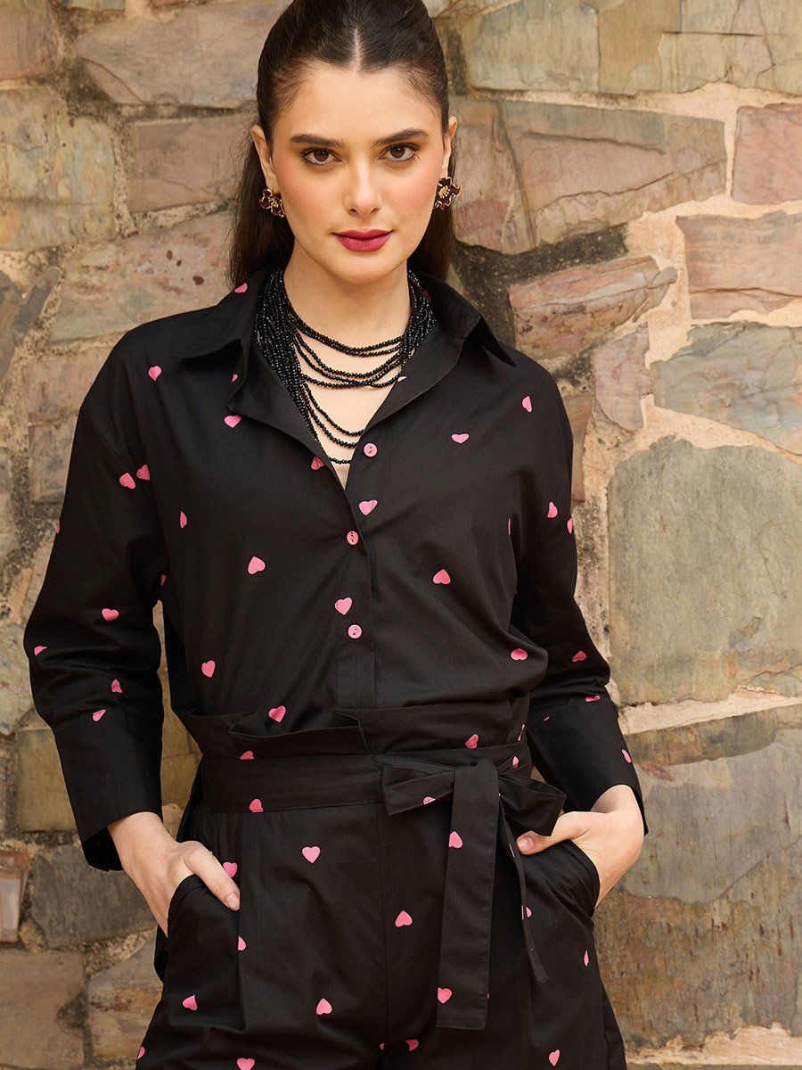 Black Heart Print Shirt and Paperbag Shorts Co-Ords