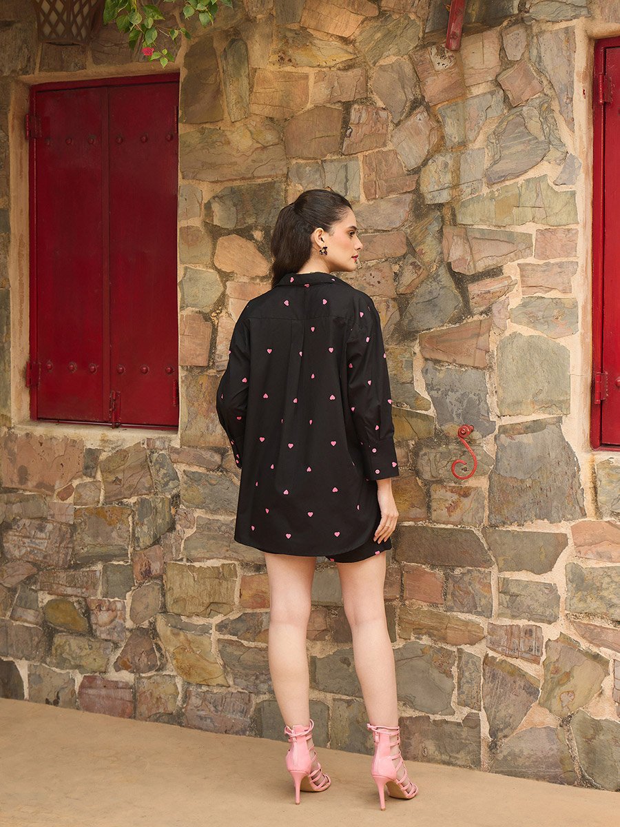 Black Heart Print Shirt and Paperbag Shorts Co-Ords