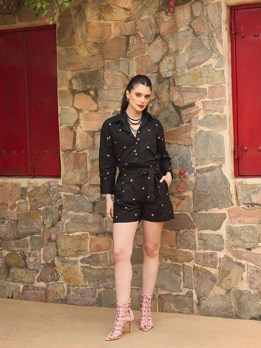 Black Heart Print Shirt and Paperbag Shorts Co-Ords